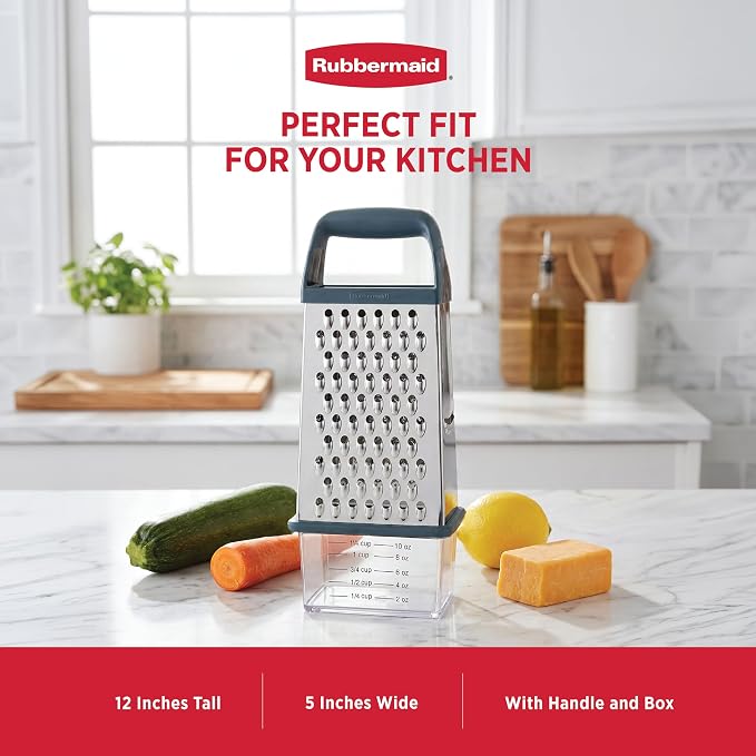 Rubbermaid EZ Grip Box Grater, Stainless Steel Cheese Grater & Container - BPA Free Multi-Surface Cheese Shredder & Food Grater Silver Blue | Graters for Kitchen -Non-Slip Base, Dishwasher Safe