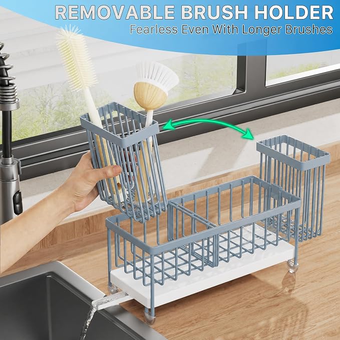 Cisily Sponge Holder for Kitchen Sink, Sink Caddy Organizer with High Brush Holder, Kitchen Countertop Organizers and Storage Essentials, Rustproof 304 Stainless Steel (Gray Blue, 9.25″)