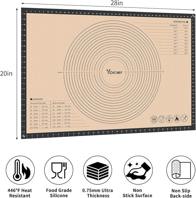 Extra Large Silicone Pastry Mat for Counter Rolling Dough,28x20 Inch,0.75mm Thick,Non Slip Silicone Baking Mat with Measurement(28 x 20 In,Grey)