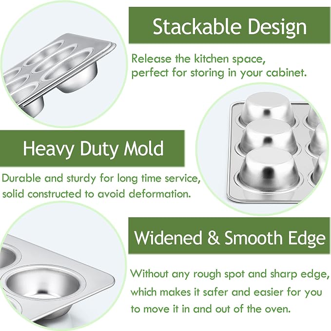 Herogo 2 Pack 12-Cup Stainless Steel Cupcake Pan Tin for Making Egg Muffin Quiches, Metal Muffin Tray Set for Baking, Mini Brownie, Regular Size & Easy Clean, Oven & Dishwasher Safe