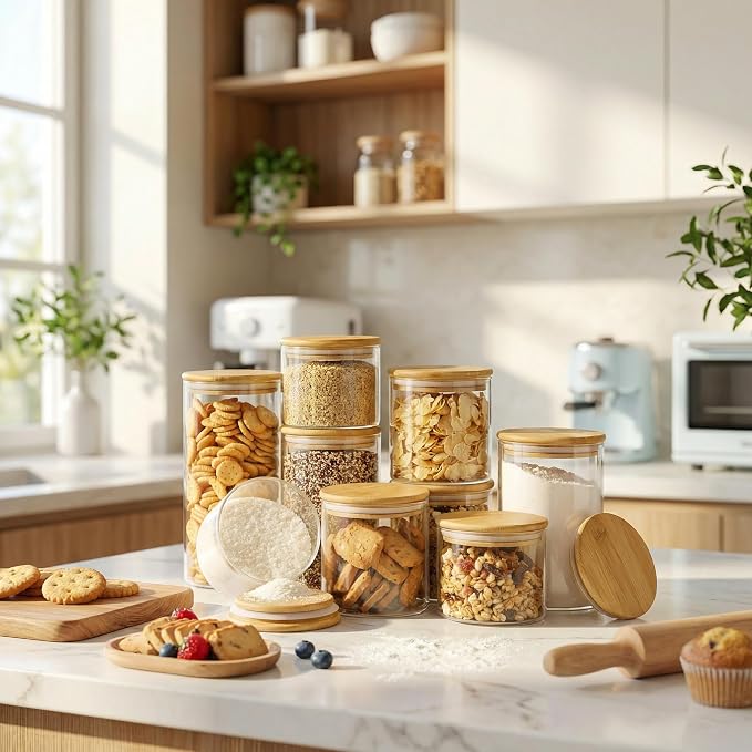 17 oz Glass Jars with Bamboo Lids, Airtight Food Storage Containers, 12Pack | Pantry Jars for Pasta, Rice, Sugar & Flour, Durable Borosilicate Glass Canisters Keep Food Dry & Fresh, Easy to Fill & Clean