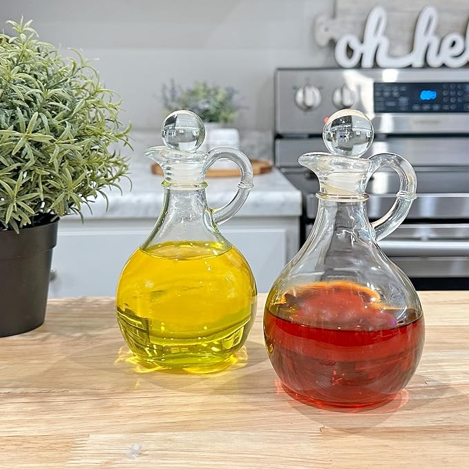 Cornucopia Brands Glass Oil and Vinegar Cruets (Set of 2); 8oz Round Oil Dispensers/Salad Dressing Bottles with Stoppers