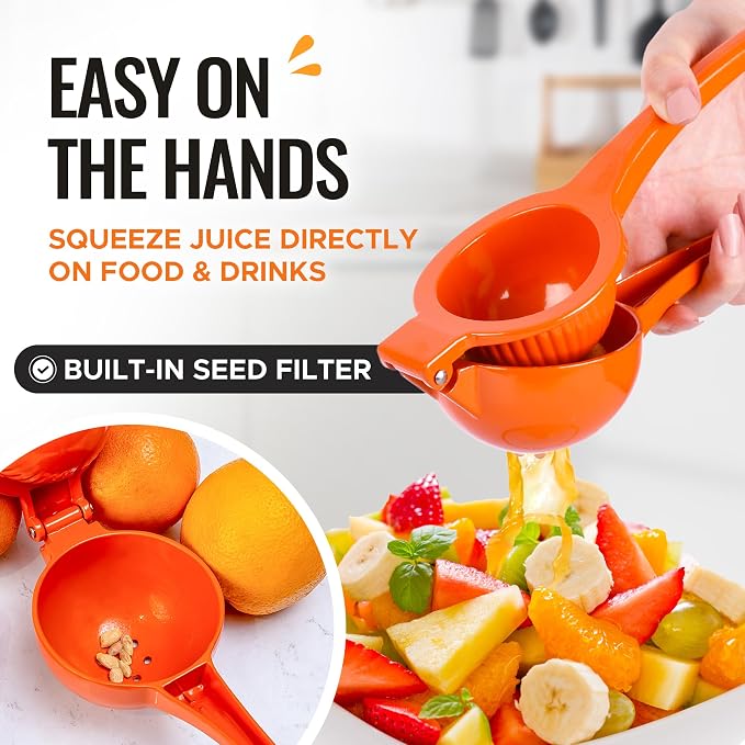 Zulay Kitchen Premium Metal Orange Squeezer – Heavy-Duty Manual Citrus Juicer for Maximum Juice Extraction – Ergonomic, Easy to Clean, Dishwasher Safe (Orange)