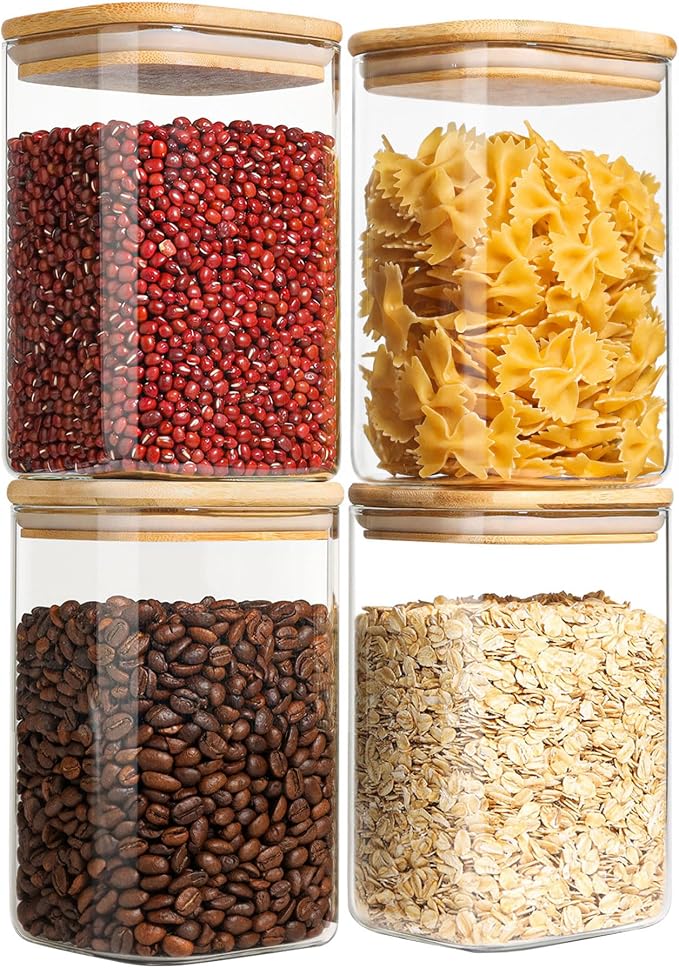 ComSaf Square Glass Containers With Lids 1.2 Qt, Set of 4 Pantry Galss Jars | Kitchen Glass Pantry Storage Containers, Storage Canisters, Silicone Seal, Dry Food, Cookie, Flour, Spice, Coffee, BPA Free