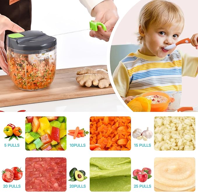 Manual Food Processor Vegetable Chopper, Portable Hand Pull String Garlic Mincer Onion Cutter for Veggies, Ginger, Fruits, Nuts, Herbs, etc., （900ml,Gray-green）