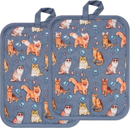 Pot Holders Set of 2 Heat Resistant 480 ℉Non Slip Clear Silicone Printed Comfortable Cotton Lining Kitchen Women Men Cooking Baking Microwave Machine Washable (Cat, Grey potholders)
