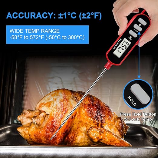 Lonicera Digital Cooking Thermometer for Bread Baking, 5" Probe, Instant Read 2-3s, IPX6 Waterproof Food Thermometer with Backlight, for Liquid, Water & Meat (Red)