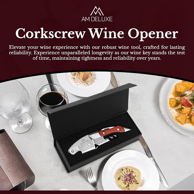 Waiters Corkscrew Wine Opener - Double-Hinged Fulcrum 3-In-1 Cork Screw Wine Bottle Opener Heavy Duty Stainless Steel & Pakka Wood. Serrated Foil Cutter. Beer Opener. Magnetic Gift Box