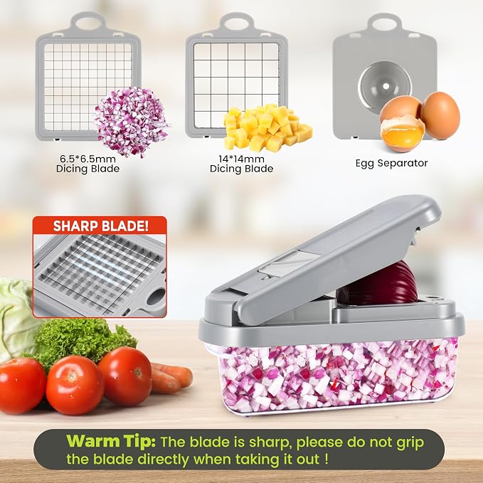Vegetable Chopper,12-in-1 Multifunctional Food Chopper,Professional Onion Chopper with 7 Blades,Vegetable Cutter with Container for Salad,Potato,Carrot,and Garlic Essential Kitchen Tool (Silver gray)