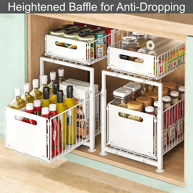 Under Sink Organizer, 2-Tier Multi-Use Kitchen and Bathroom Organizers and Storage, Slide Out Thickened Metal Under The Sink Organizer for Kitchen Bathroom Pantry (Style A White, 2 Pack)
