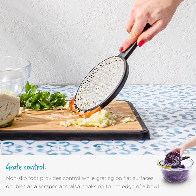 Dreamfarm Ograte Double Sided Cheese Grater - 3mm Medium Grating, Yellow | Multi-directional handheld food and vegetable shredder with bowl hook and non-slip foot, flat for space-saving storage