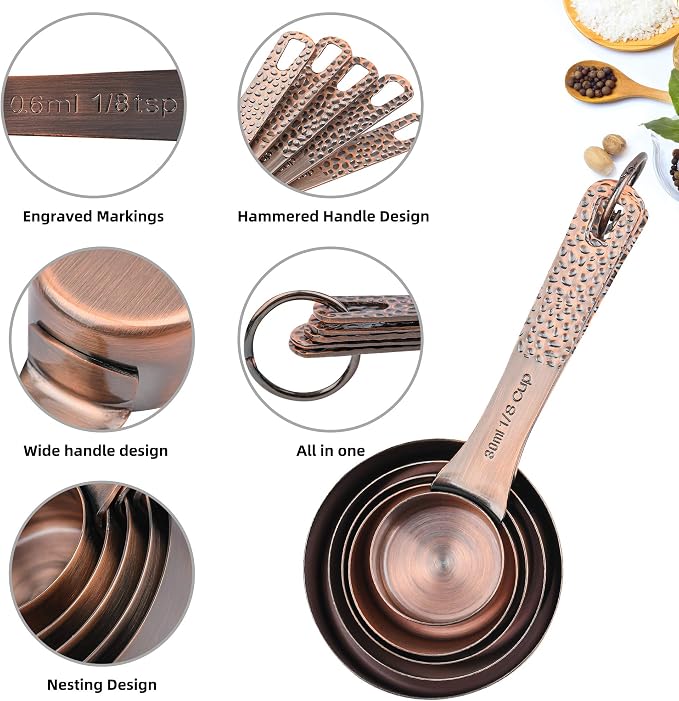 Measuring Cups and Spoons Set 14, Copper Measuring Cups and Spoons Set for Dry & Liquid, Metric & US Stainless Steel 6 Measure Cups and 7 Spoons Set w/Leveler for Kitchen & Baking