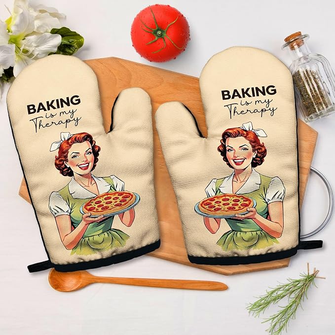 Baking is My Therapy, Funny Silicone Non-Slip Oven Mitts Sets of 2, Retro Baking Mitts, Kitchen Gift for Women, Bake Lover Gift, Housewarming Gifts