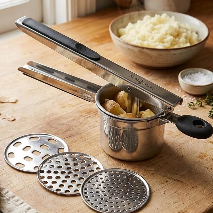 Large Potato Ricer – 304 Stainless Steel Masher & Press with 3 Discs, Reinforced 0.7mm Thick Cup, Ergonomic Silicone Grip, for Smooth & Fluffy Mashed Potatoes