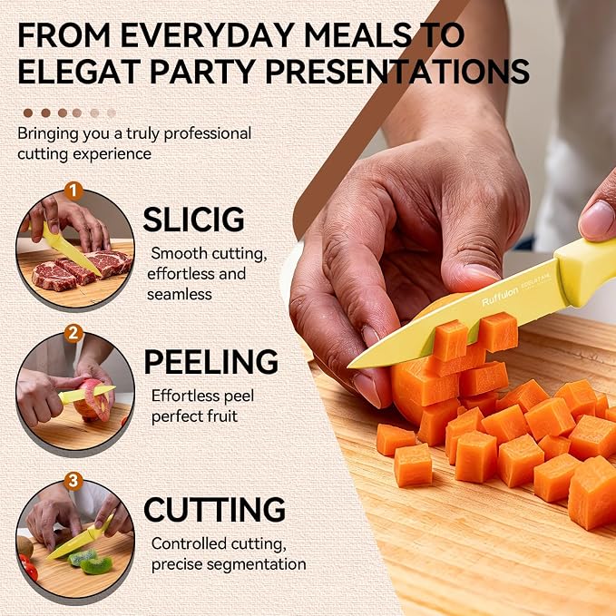Paring Knife set, 4-piece set of 3.5-inch yellow knives. | Straight blade with pointed tip design PP plastic ergonomic handle Specifically designed for cutting fruits and vegetables