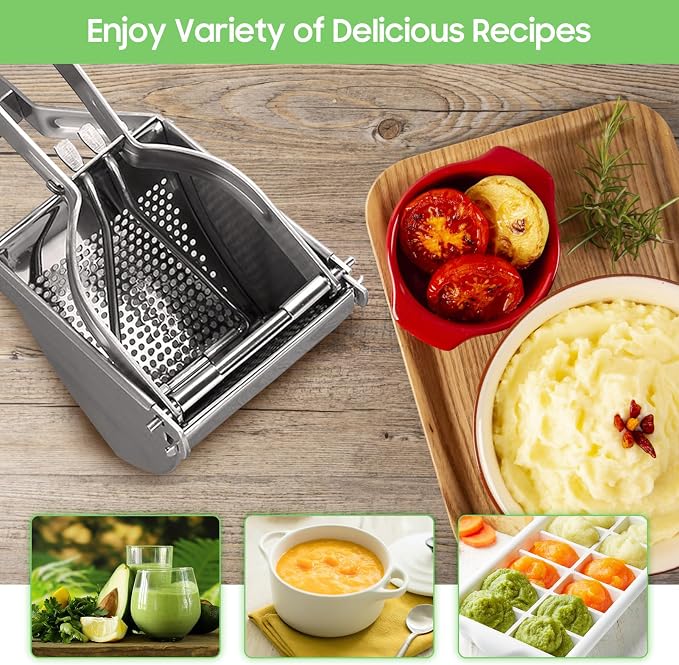 Potato Ricer, Stainless Steel Fruit Masher Heavy Duty Commercial Potato Press Mincer Food Chopper Kitchen Crusher for Mashed Potatoes Fruits Vegetables Yams Carrot