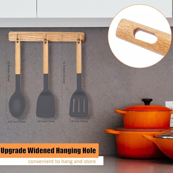 Silicone Spatula Set Spatulas Silicone Heat Resistant for Nonstick Cookware, Large Rubber Slotted Solid Turner Spoon for Kitchen Use Cooking Utensils Set Wooden Handle Grey