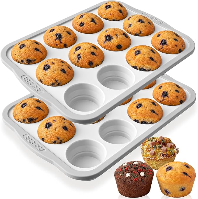 2 Pack Silicone Muffin Pan for Baking with Metal Reinforced Frame, Foldable 12 Cup Regular Size Nonstick Cupcake Pan, Muffin Tray for Baking, Dishwasher Safe Egg Bite Molds for Oven，White