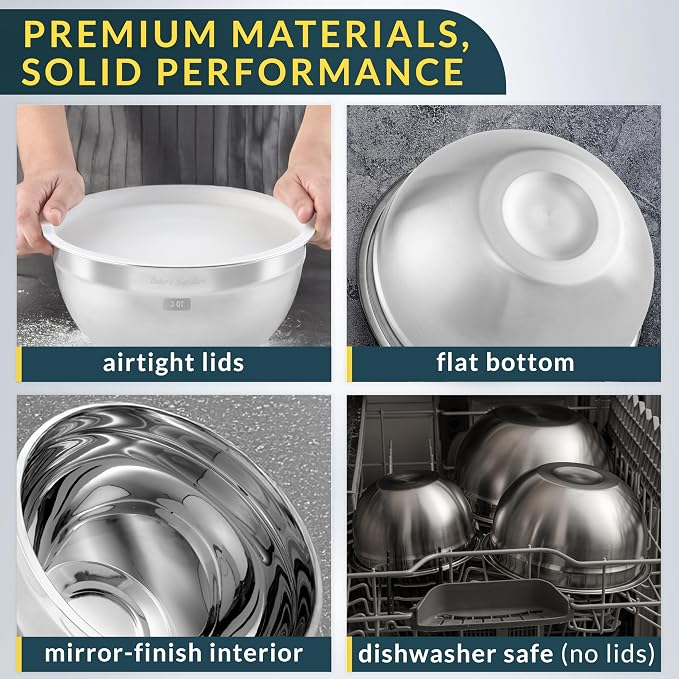 Stainless Steel Mixing Bowls with Lids Set of 3, Nesting Metal, 1.5/3/5 Qt | Mirror-finish interior, dishwasher safe & BPA-free; stack for food prep, baking, storage & serving