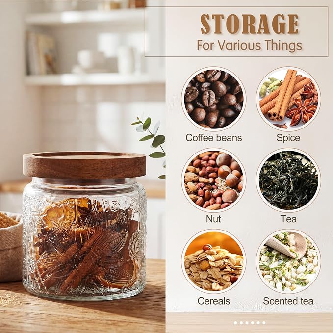 5 Pcs Sunflower Vintage Glass Jars with Bamboo Airtight Lid 17/24/34 oz Glass Food Containers Storage for Kitchen Counter Pantry Sugar Flour Coffee Tea Candy Oats Cereal(Round)
