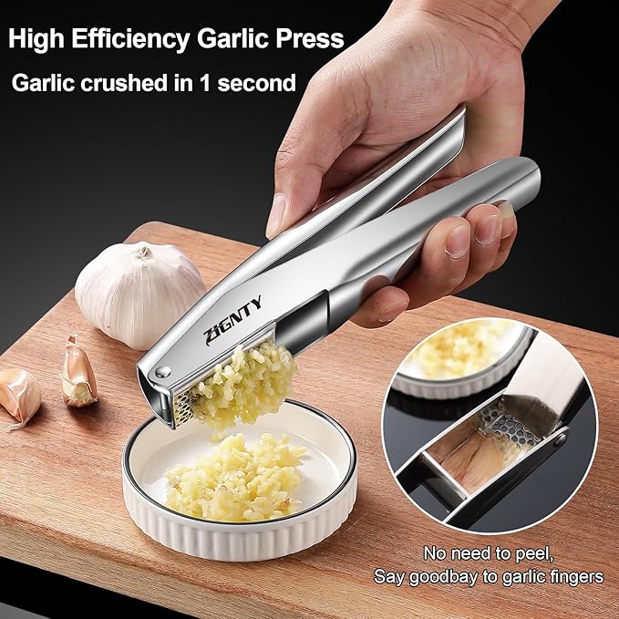 Professional Garlic Press Stainless Steel，No Need to Peel Garlic Mincer Tool with Large Trough, Dual Lever-Assisted Garlic Presser & Masher Easy Clean, Garlic Crusher Dishwasher Safe Rust Proof
