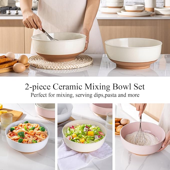AmorArc 9.8’’ Ceramic Serving Bowls, 3.1 Qt Extra Large Salad Bowls Set of 2, Stoneware Oversized Bowls with Rustic Terracotta Underside for Salad, Soup and Dinner. Large Bowls for Entertaining &Gift