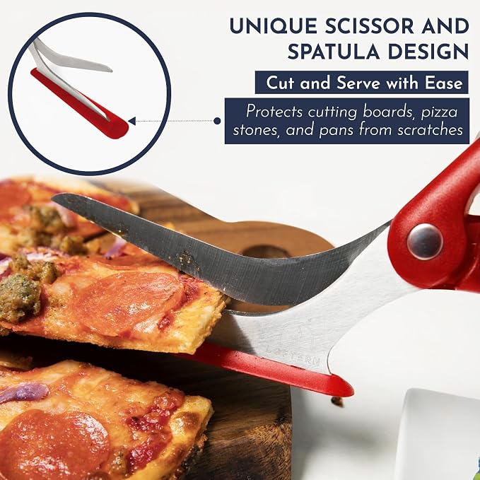 Pizza Scissors - Non-Stick Pizza Scissors with Firm Grip Base - Food Grade Stainless Steel Pizza Cutter - 5-in-1 Food Slicer & Pizza Server - Durable, Safe & Mess Free - Red