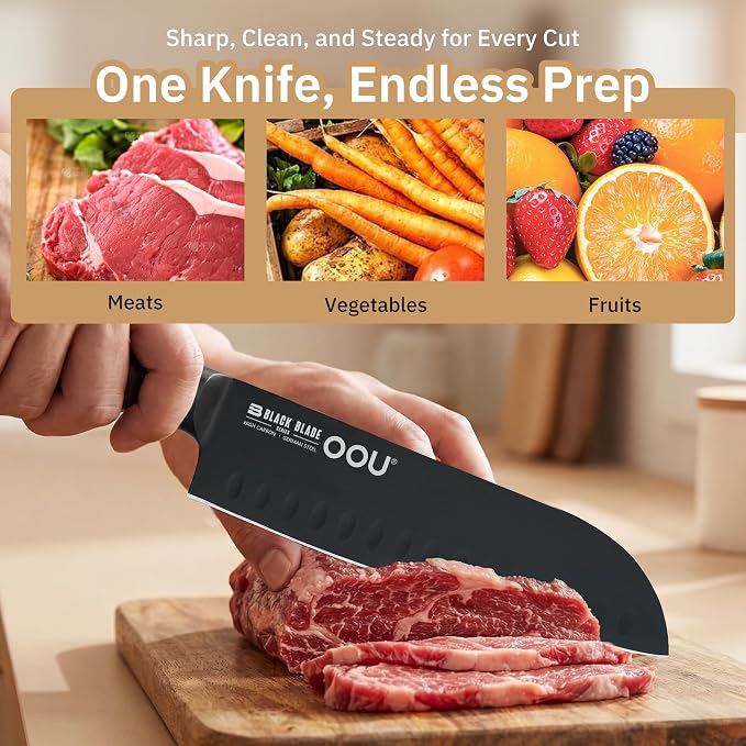 OOU® Black Blade 7 Inch Santoku Knife with AgShield™ & Cerablack™ Technology, Rust-Resistant & Easy-Clean Finish, Japanese Style Hollow Edge for Dicing & Mincing