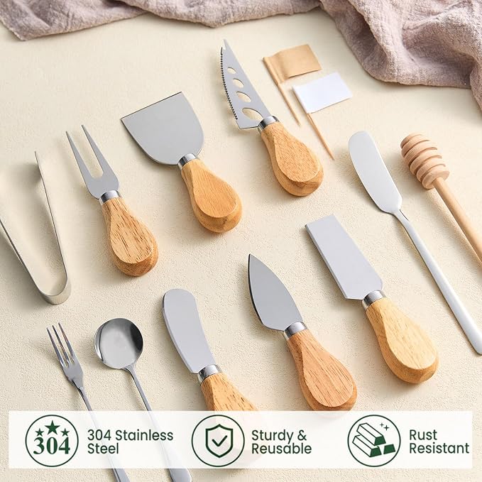 Charcuterie Board Accessories, 23 Pieces Silver Stainless Steel Cheese Knife Set with Wooden Handle for Charcuterie Utensils, Mini Serving Tongs Spreaders Spoons Forks Honey Dippers and Flags