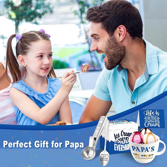 Papa Gifts, Papa Gifts from Grandkids, Papa's Ice Cream Bowl Scoop Shovel Spoon Set, Papa’s Ice Cream Gift, Christmas Birthday Father's Day Valentines Day Gift for Him Man