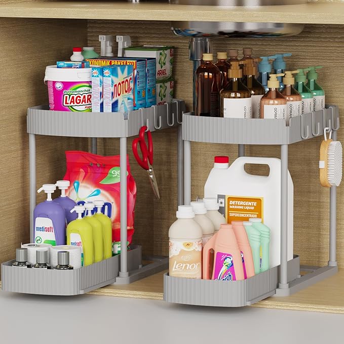 2 Packs Under Sink Pull-Out Storage Organizers, 14.8 Inches, Grey | Multi-Purpose Cabinet Organizers and Storage for Bathroom & Kitchen