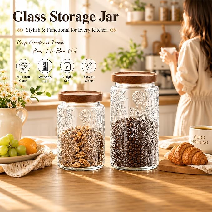 23.7 fl oz Vintage Glass Jar with Wooden Lid, Airtight Decorative Food Storage Canisters for Kitchen Counter & Pantry, Ideal for Candy, Sugar, Coffee,salt, Tea, Cereal, Flour, Oats