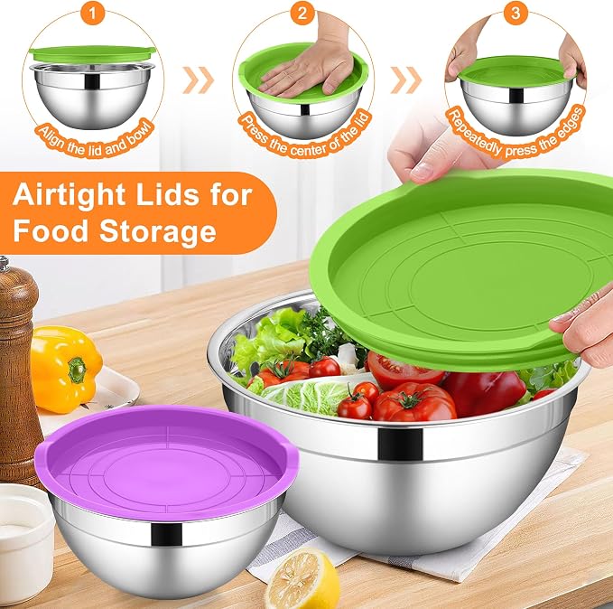 LIANYU Mixing Bowls with Lids Set, Large 7 & 3.5 & 2.5 & 2 & 1.5 & 1QT | 6 Piece Stainless Steel Serving Bowls, Kitchen Metal Nesting Bowl for Cooking, Food Storage, Dishwasher Safe, Multi-Color