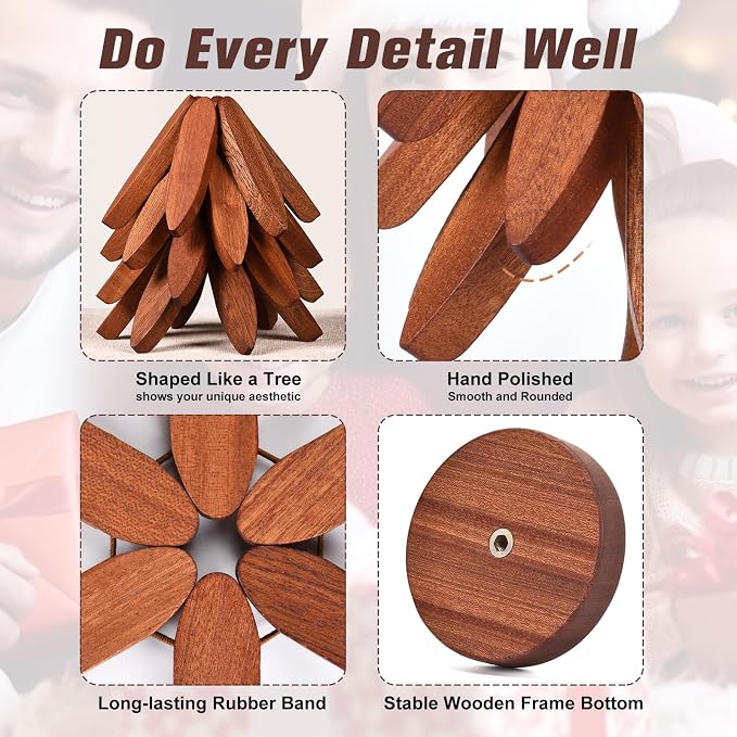 Wooden Trivets for Hot Dishes - Christmas Tree Coasters Set, Tree Shape Trivet With Stand, 4 Pieces + 1 Stand (Walnut Wood, 8.7)