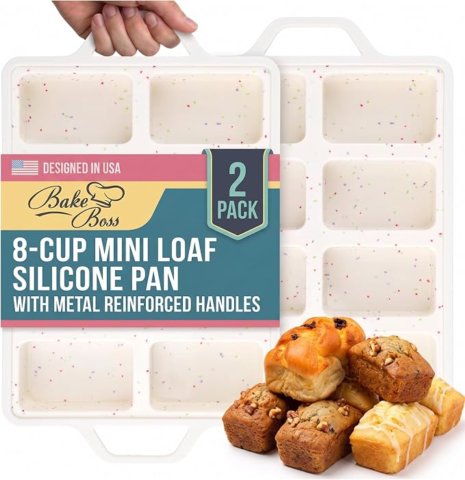 2-Pack Silicone Mini Loaf Pans for Baking Bread – 8-Cavity Nonstick Baking Molds with Metal-Reinforced Handles – BPA-Free, Odor-Resistant Silicone mini bread loaf pans for Cakes & Meatloaf – Cream