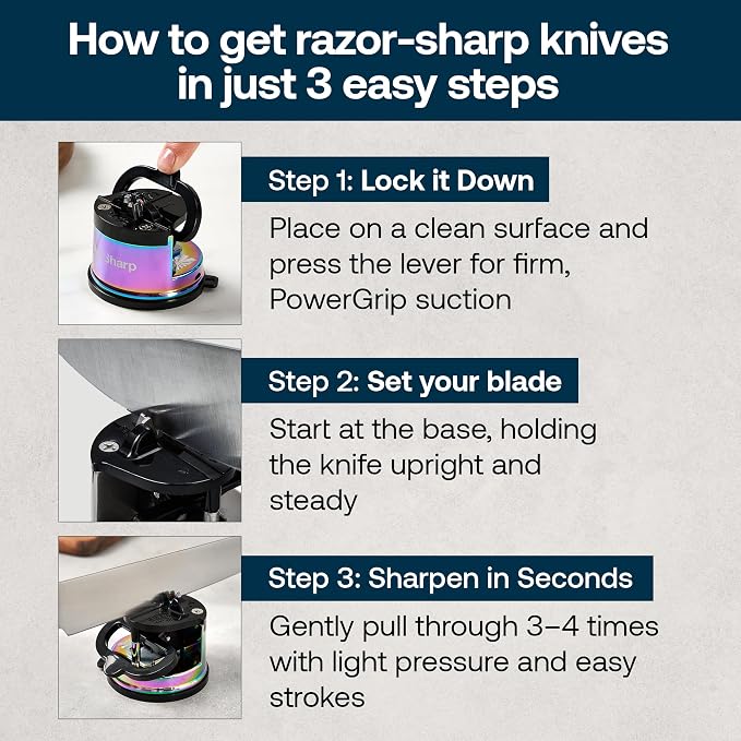 AnySharp – Chef – Hands Free Knife Sharpener - Easy to Use Sharpening Tool w/PowerGrip Suction Base and 20-Degree Pre-Set Angle - for All Knives: Chef's, Serrated, and Hardened Steel - Oil Slick
