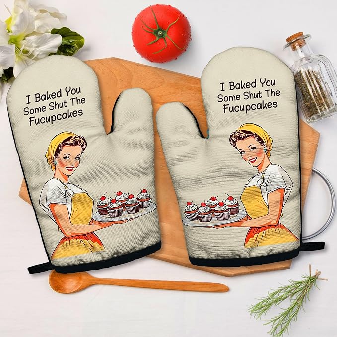 I Baked You Some Shut The Fucupcakes, Funny Silicone Non-Slip Oven Mitts Sets of 2, Retro Baking Mitts, Kitchen Gift for Women, Bake Lover Gift, Housewarming Gifts