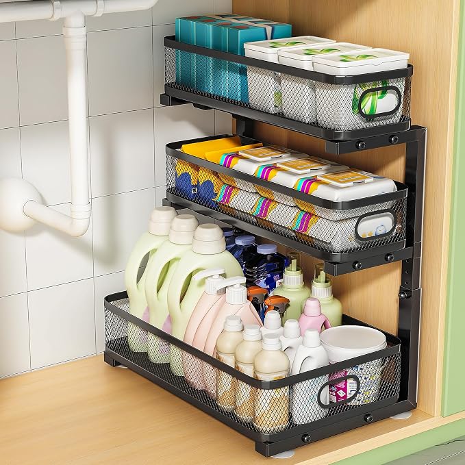 3-Tier Under Sink Organizer, Pull Out Cabinet Organizer for Kitchen & Bath | Height Adjustable, Heavy Duty Carbon Steel Holds 60 lbs, Rust-Proof Fits Kitchen Cabinet, Bathroom, Pantry & Laundry