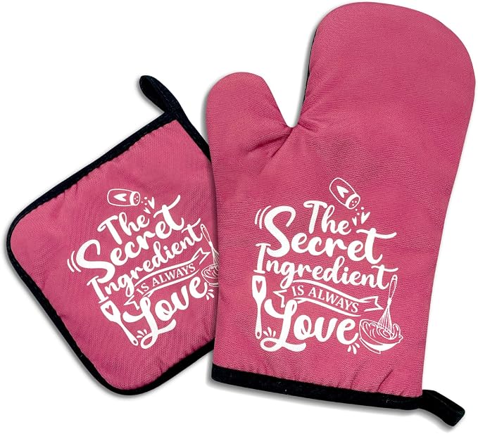 The Secret Ingredient is Always Love, Funny Oven Mitts and Pot Holders, Silicone Non-Slip Oven Mitts,Kitchen Gift for Women, Bake Lover Gift, Housewarming Gift Ideas