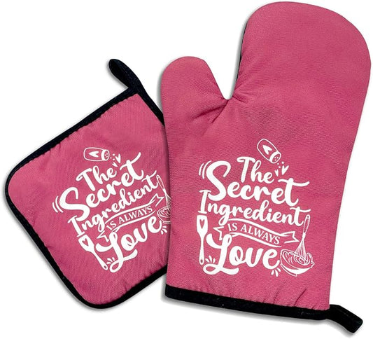 The Secret Ingredient is Always Love, Funny Oven Mitts and Pot Holders, Silicone Non-Slip Oven Mitts,Kitchen Gift for Women, Bake Lover Gift, Housewarming Gift Ideas