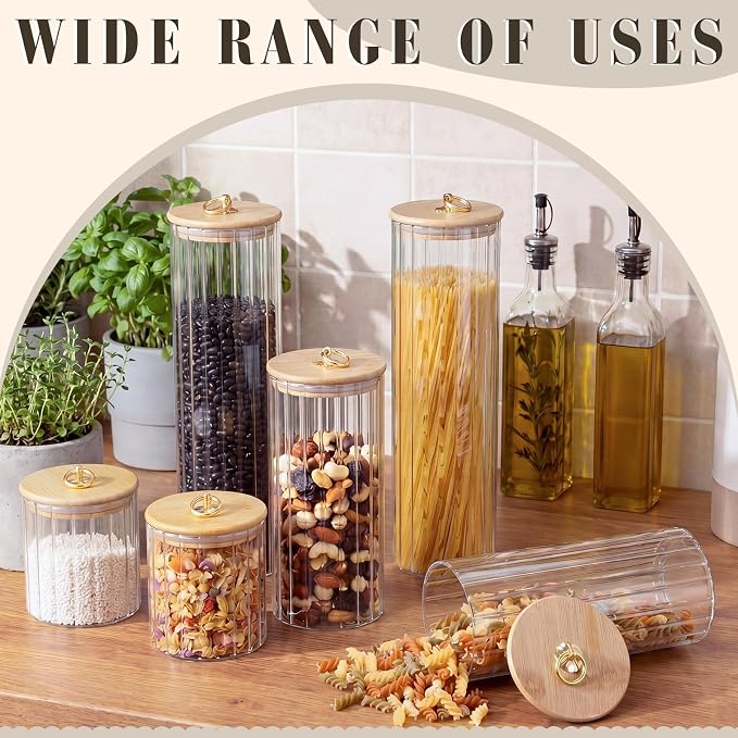 SiliFine 6 Set Glass Pantry Storage Jar with Acacia Airtight Lid 3 Size Glass Storage Container Jar for Pasta Spaghetti Cereal Coffee Bean Flour Sugar Rice, 17oz, 35oz, 53oz (Bamboo Lid with Ring)