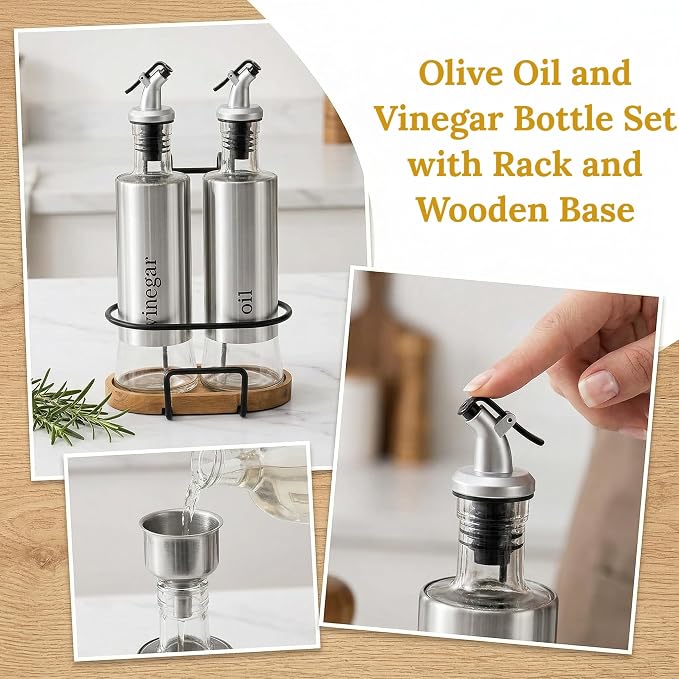 Tebery 2 Pack Olive Oil and Vinegar Bottle Set with Rack and Wooden Base, 10OZ Olive Dispenser Glass Cooking Oil Cruet Bottles with Pourers and Funnel for Kitchen