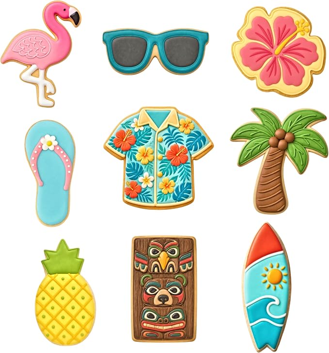 Hawaiian Luau Cookie Cutter 9 Piece Set from The Cookie Cutter Shop - Palm Tree, Hawaiian Shirt, Tiki, Flip Flop, Surfboard Cookie Cutters – Tin Plated Steel Cookie Cutters