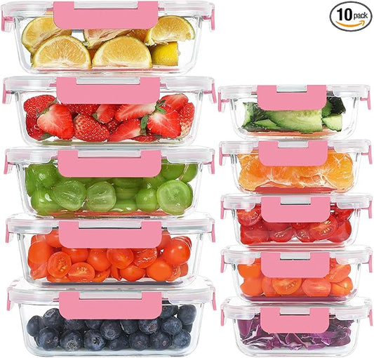 10 Pack Glass Food Storage Containers with Lids, Pink | Meal Prep Containers Set, Airtight Glass Lunch Boxes, BPA-Free, Freezer, Oven, and Microwave Safe