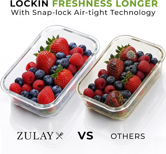 Zulay Kitchen 5 Piece Large 36oz Glass Storage Container Sets with Lids - Premium BPA Free Borosilicate Glass Food Storage Containers - Leak-Proof Meal Prep - Microwave, Freezer & Oven Safe - Gray