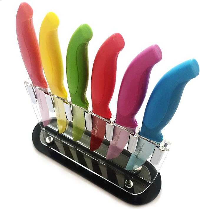 Jean-Patrique Non-Stick Steak Knife 6 Piece Set | Steel Blades Protector FREE Perspex Clear Knives Block