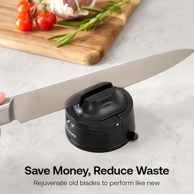 AnySharp – EVO – Hands Free Knife Sharpener - Easy to Use Sharpening Tool with Improved PowerGrip Suction Base and 20-Deg Pre-Set Angle - for All Knives: Chef's, Serrated, and Hardened Steel - Black