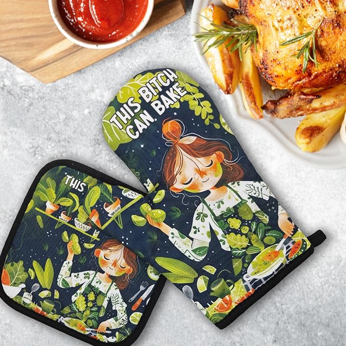 Funny Oven Mitts and Pot Holders（Set of 2） This Can Bake Silicone Non-Slip Oven Mitts Adult Humor Heat Resistant Mitts with Hanging Loop Funny Birthday Gifts for Hostess Women Friend