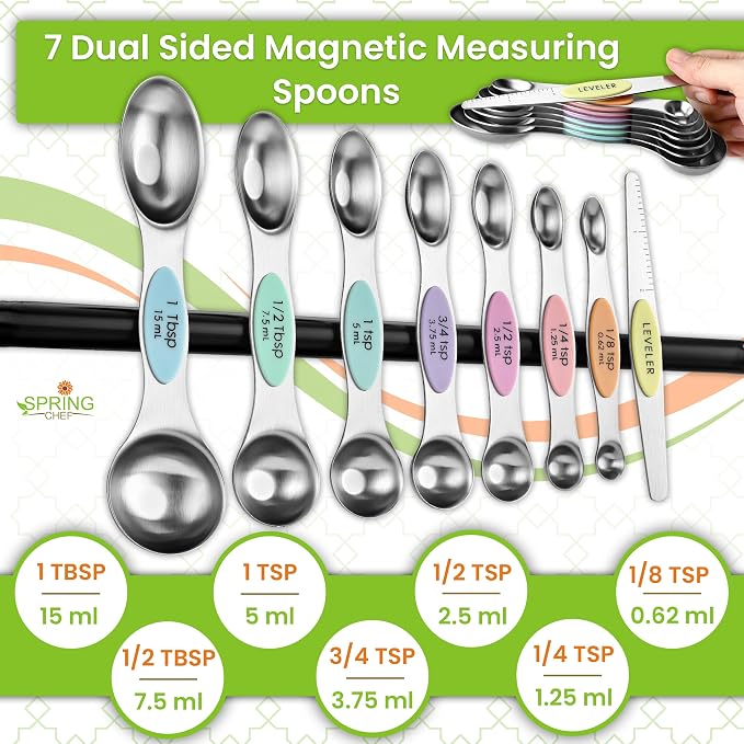 Spring Chef Magnetic Measuring Cups & Spoons Set of 16, Patented, Pastel | Stackable Stainless Steel Measuring Cups & Heavy Duty Metal Measuring Spoons with Levelers for Dry & Liquid Ingredients