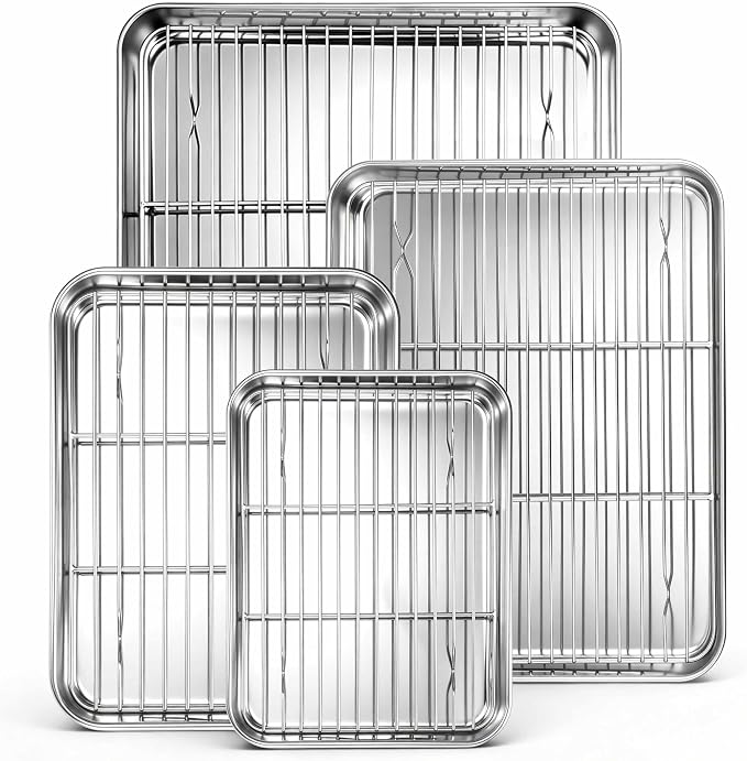 Homikit Baking Sheet with Wire Rack Set (4 Pans + 4 Racks), 16/12/10/9 Inch | Stainless Steel Sheet Pans with Cooling Racks for Oven, Heavy Duty Metal Cookie Bacon Baking Trays Non Toxic, Dishwasher Safe